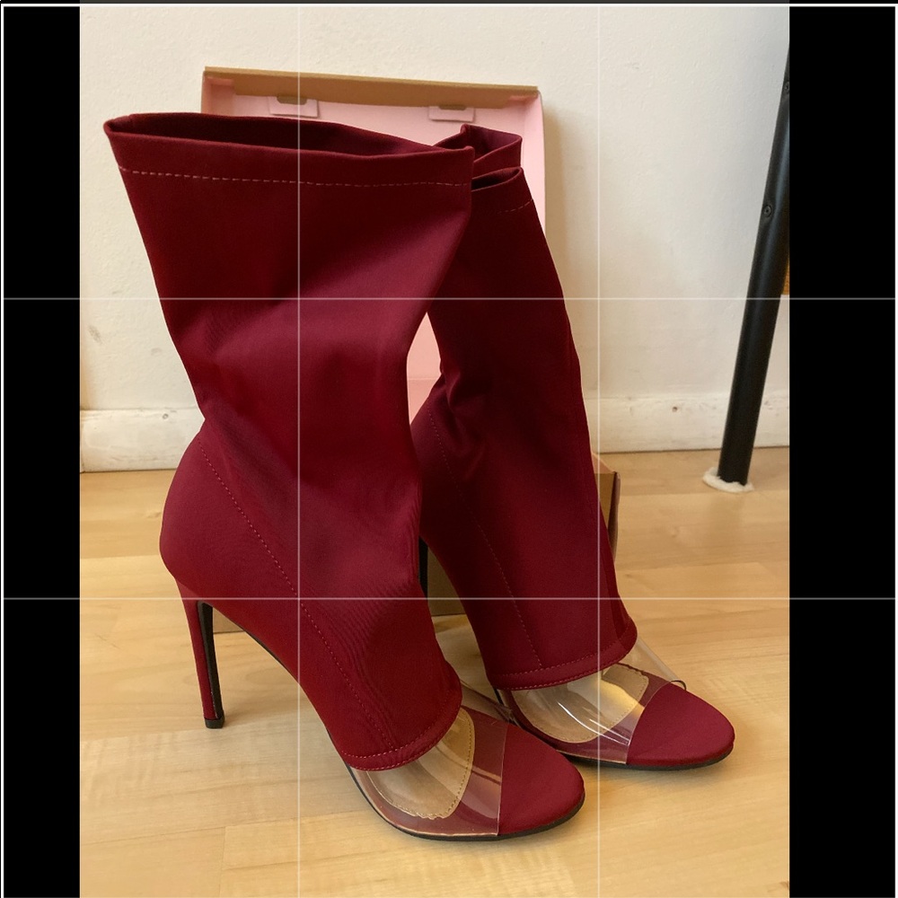 Sock high heel shoes - open toe stilettos burgundy